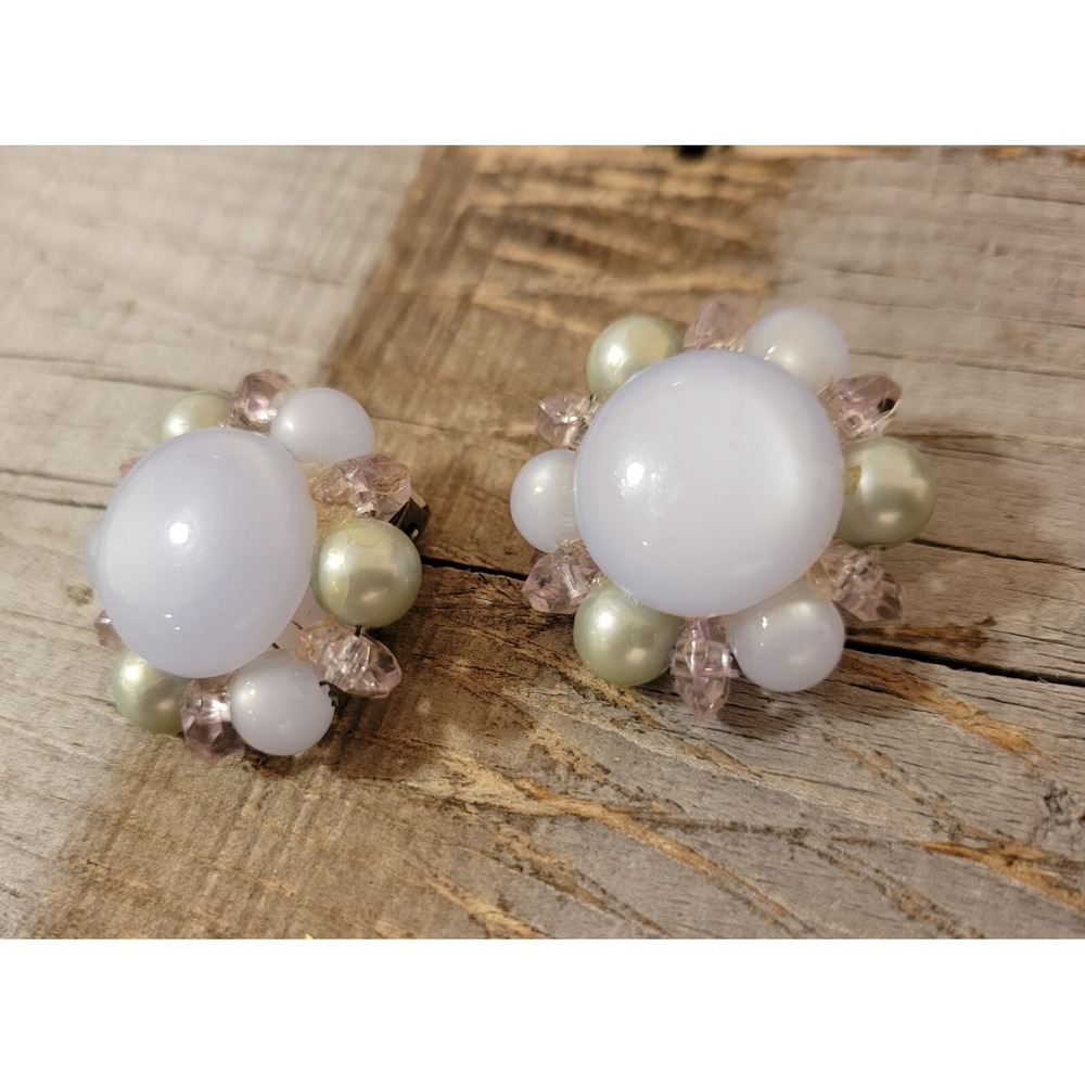 Vintage Flower Clip On Earrings‎ Pearl Beaded Statement Elegant - Picture 8 of 14